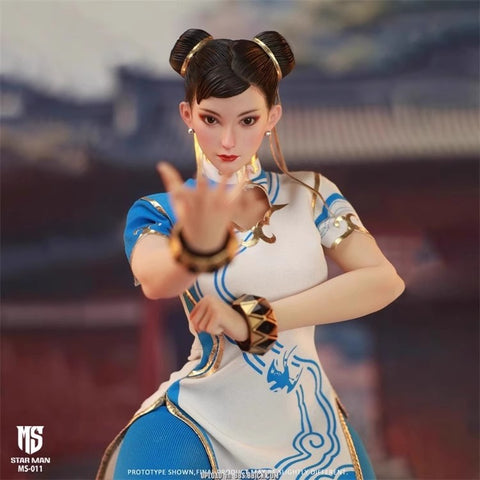 Star Man MS011 MS-011 Female Fighter Chun-Li Blue Cloud Patterned White Cheongsam Version 1/6 Scale