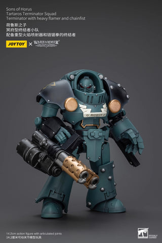 JoyToy Source Warhammer The Horus Heresy Sons of Horus Tartaros Terminator Squad Terminator with Heavy Flamer and Chainfist 1/18 Scale 14.2 x 9.6 cm / 5.59 x 3.78"