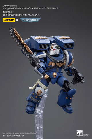 JoyToy Source Warhammer 40K Ultramarines Vanguard Veteran w/ Chainsword & Bolt Pistol 1/18 Scale