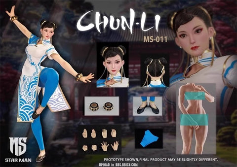 Star Man MS011 MS-011 Female Fighter Chun-Li Blue Cloud Patterned White Cheongsam Version 1/6 Scale